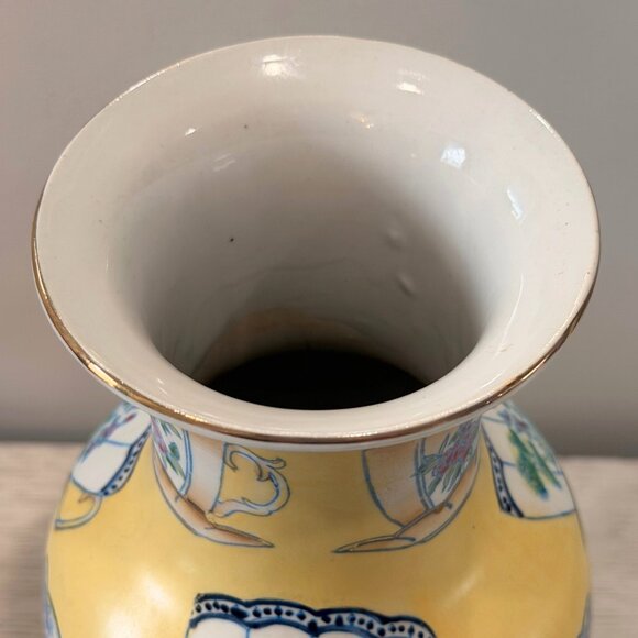 Vintage Large 12.5” HAND PAINTED Teacup Yellow VASE ORIENTAL ACCENTS Chinoiserie - Picture 9 of 11